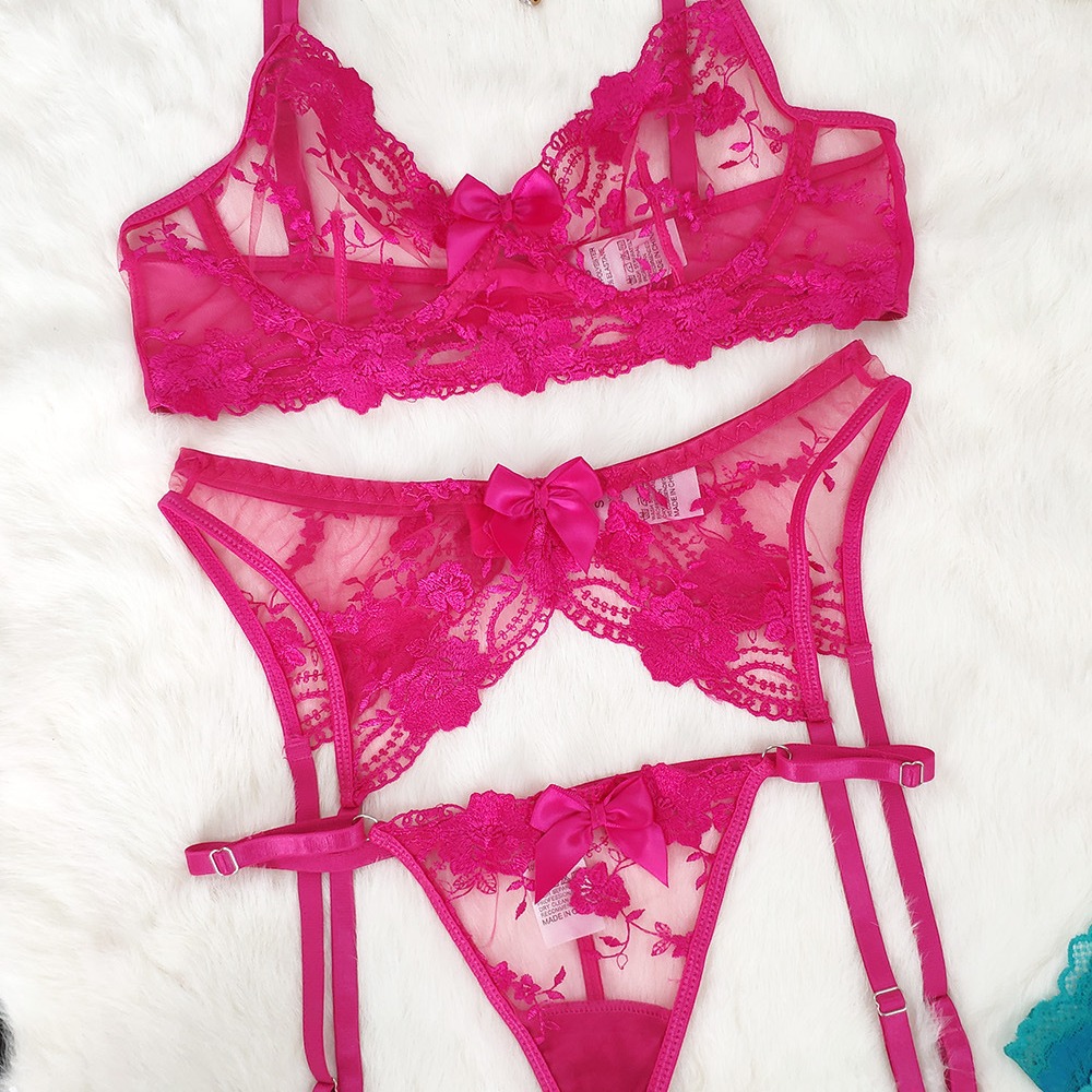 Malla bordado sujetador ropa interior Liga de tres piezas traje sexy lencería sexy mariposa sujetador ropa interior para las mujeres