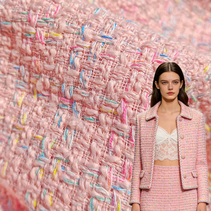 Pink Tweed Wool Fabric with Colorful Dots, Coarse Woven Spring and Autumn Coat and Dress Fabric Wholesale