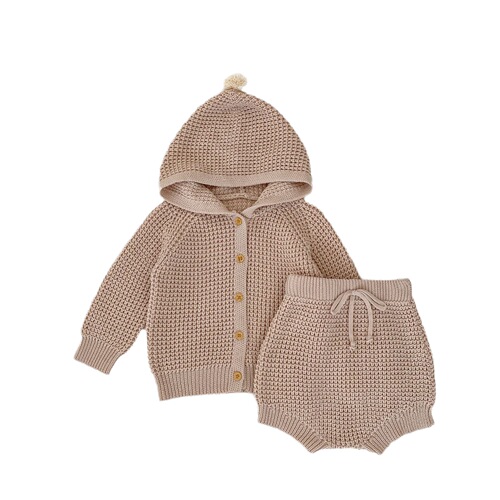 2024 Spring and Autumn Girls Baby Hooded Cardigan Set Solid Color Cotton Knitted Top Lace-up Bread Pants Two-piece Set