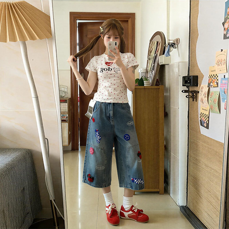 Petite Plus-Size Wide-Leg Denim Capri Pants for Women, Summer New Style with Embroidery Design, Loose Casual Straight-Leg Mid-Length Pants