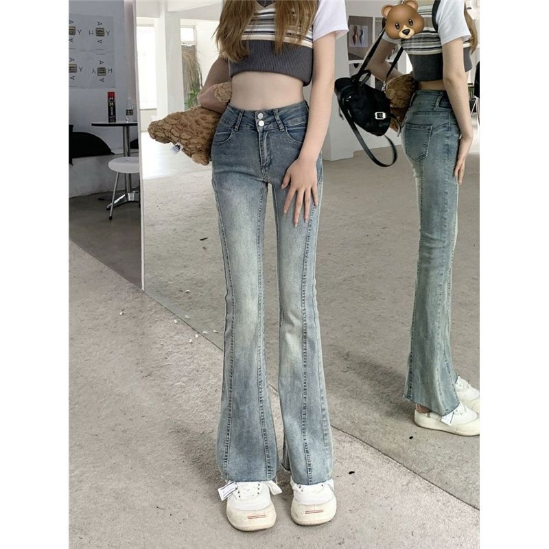 Nostalgic Light Blue Stretch Design Double-Button High-Waist Splicing Slim Flared Raw Edge Jeans for Women