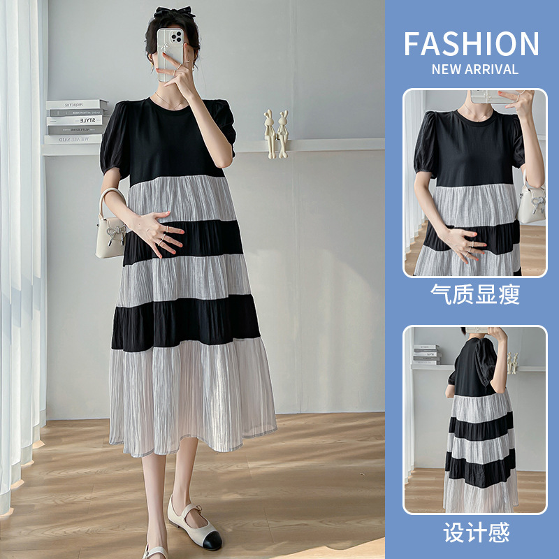 Internet Celebrity 2025 New Summer Splicing Skirt for Women, Fashionable, Versatile, Slimming Look, Flesh-Covering Short-Sleeved Long Dress