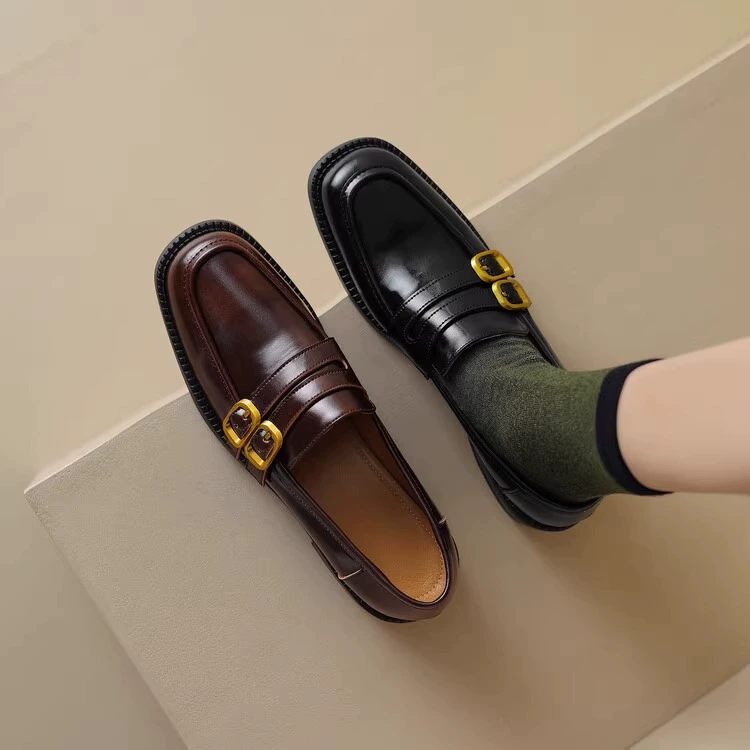 Мягкая говяжья кожа французская ретро Lefu обувь женские туфли на низком каблуке 2025 новая квадратная голова толстые туфли на каблуках