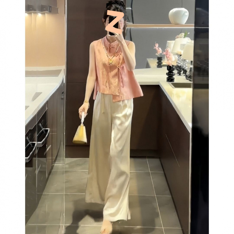 新しい中国風の女性のための中国風スーツ 2025 夏の新しいレトロなボタン付きトップハイウエストストレートワイドレッグパンツ 2 点セット|undefined
