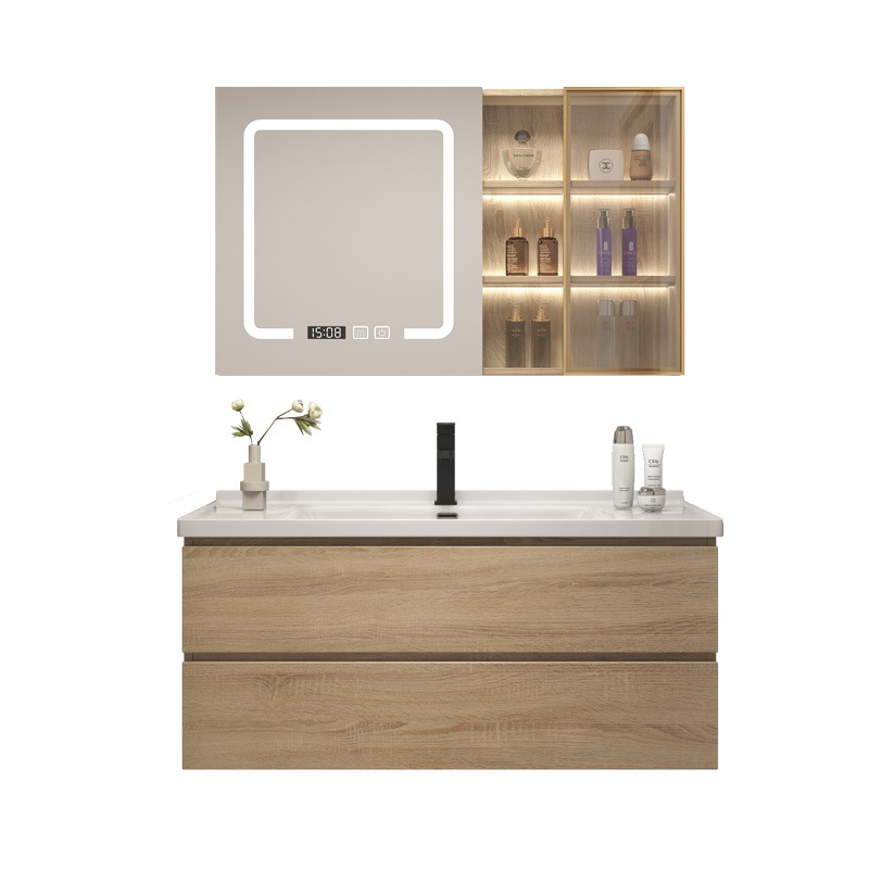 北欧现代简约时尚原木色智能浴室柜镜柜组合陶瓷一体盆实木洗脸盆