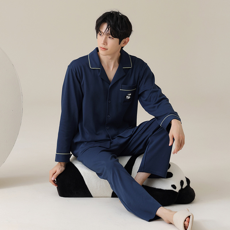 남성 잠옷 봄 가을 신상 2024 가디건 루즈 순면 편안한 대형 청년 및 중년층이 집에서 입을 수 있는 옷