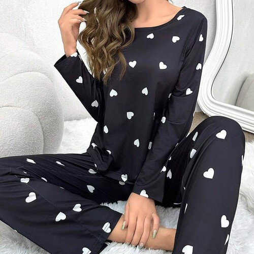 Women's pajamas, love printed round collar, long-sleeved trousers, autumn and winter suit, milk silk fabric