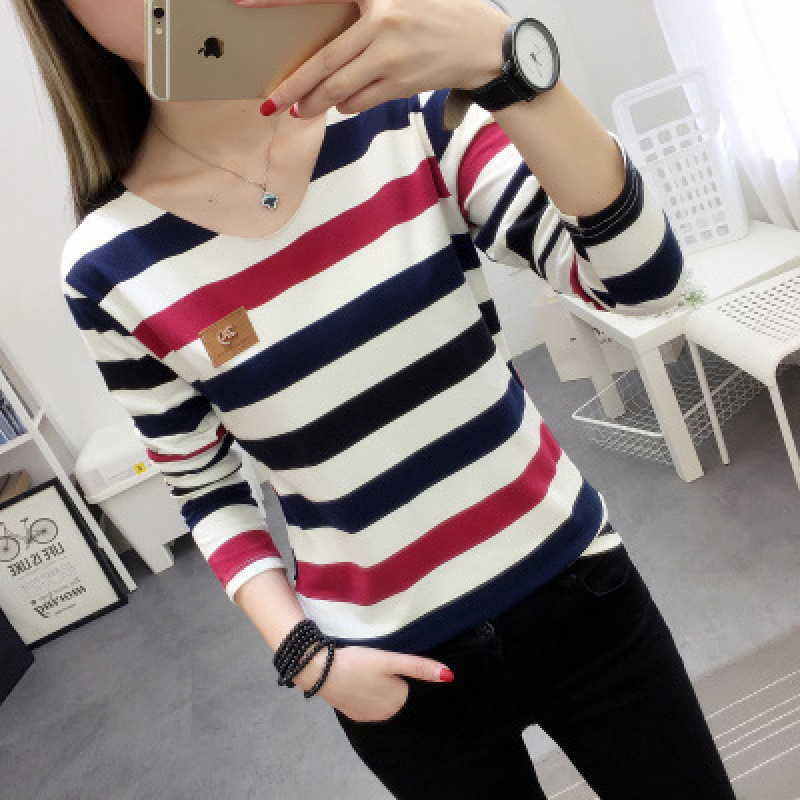 Autumn Korean Style Long-Sleeved Loose Striped T-Shirt for Women
