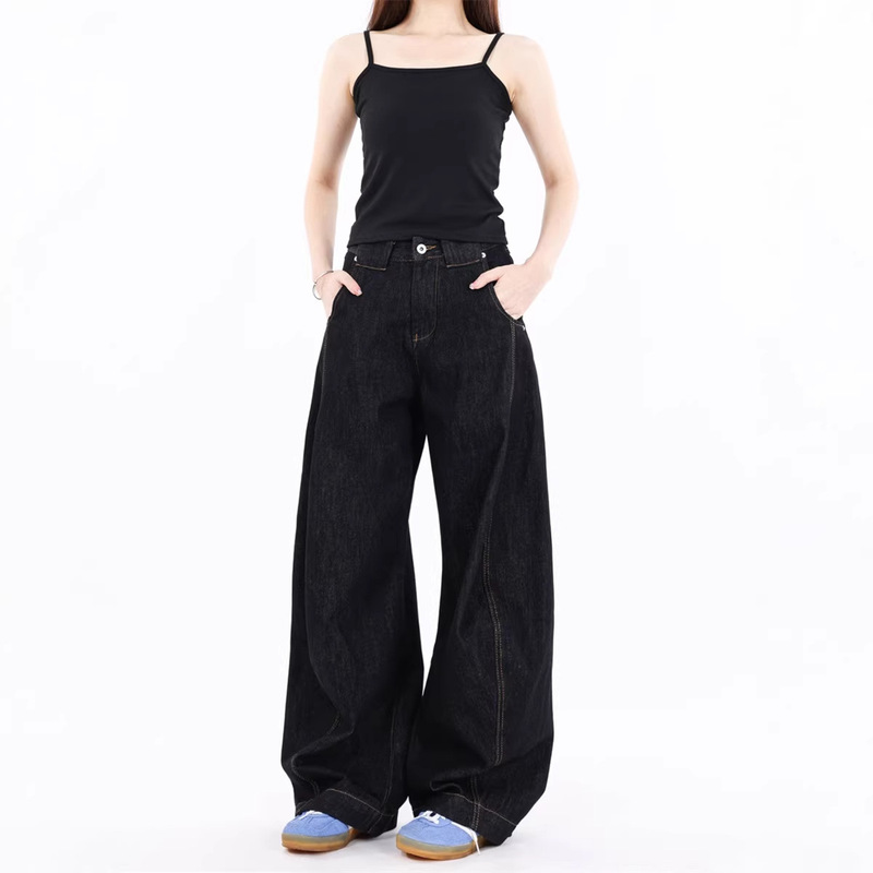 American-Style Curved Silhouette Deconstructed Vintage Raw Denim Jeans for Women, Trendy Versatile New Loose Wide-Leg Pants