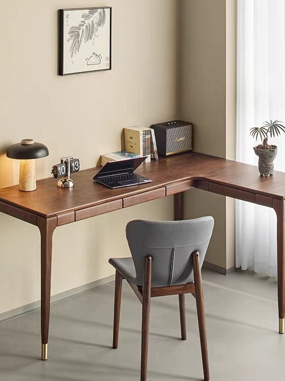 North American black walnut wood corner desk, Nordic L-shaped long cherry wood solid wood computer desk, corner study desk North American black walnut wood corner desk, Nordic L-shaped long cherry wood solid wood computer desk, corner study desk