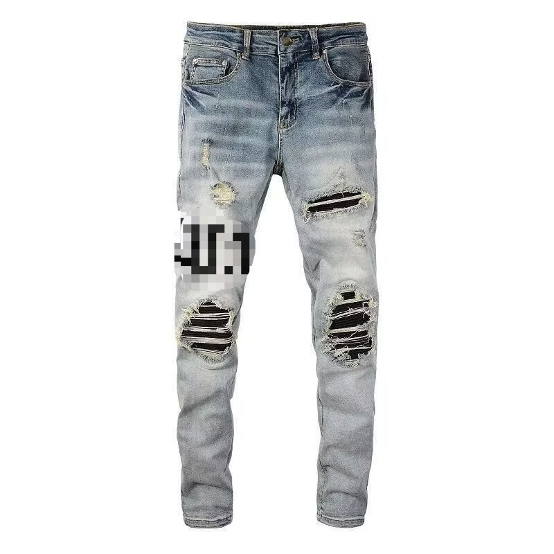 European and American cross-border men's ripped patched retro letter stretch slim-fit jeans, high street trendy brand, individual skinny jeans
