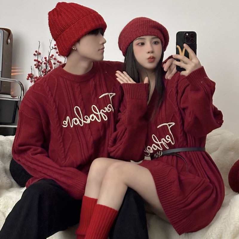 2023 커플 스웨터 가을 겨울 크리스마스 레드 스웨터 여자 어깨 스웨터 원피스 라운드 넥 남자 니트 스웨터