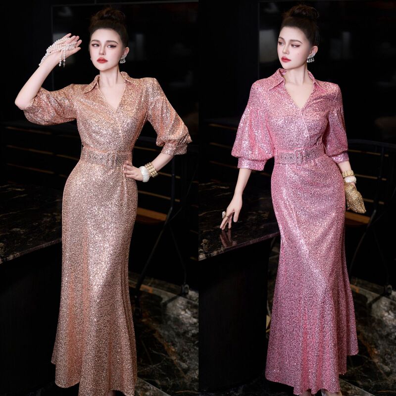 2025 Autumn and Winter Popular Sequin Dress Dress Lapel Deep V Puff Sleeves with Belt Waist Fishtail Dress