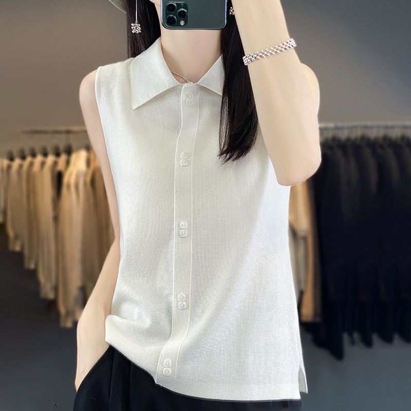 Stacked Vest Women's POLO Collar Sleeveless Cardigan Top Slim Base Shirt Thin Sweater Autumn New Arrival