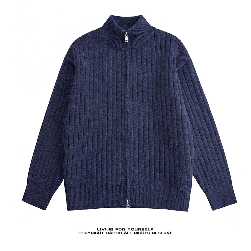 2025 New Autumn and Winter Stand-Up Collar Pit Strip Knitted Sweater Men's Lazy Style Cardigan Sweater Jacket Loose Inner Layering