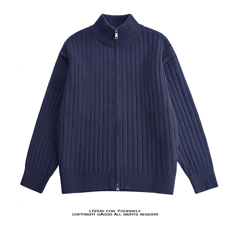 2025 New Autumn and Winter Stand-Up Collar Pit Strip Knitted Sweater Men's Lazy Style Cardigan Sweater Jacket Loose Inner Layering
