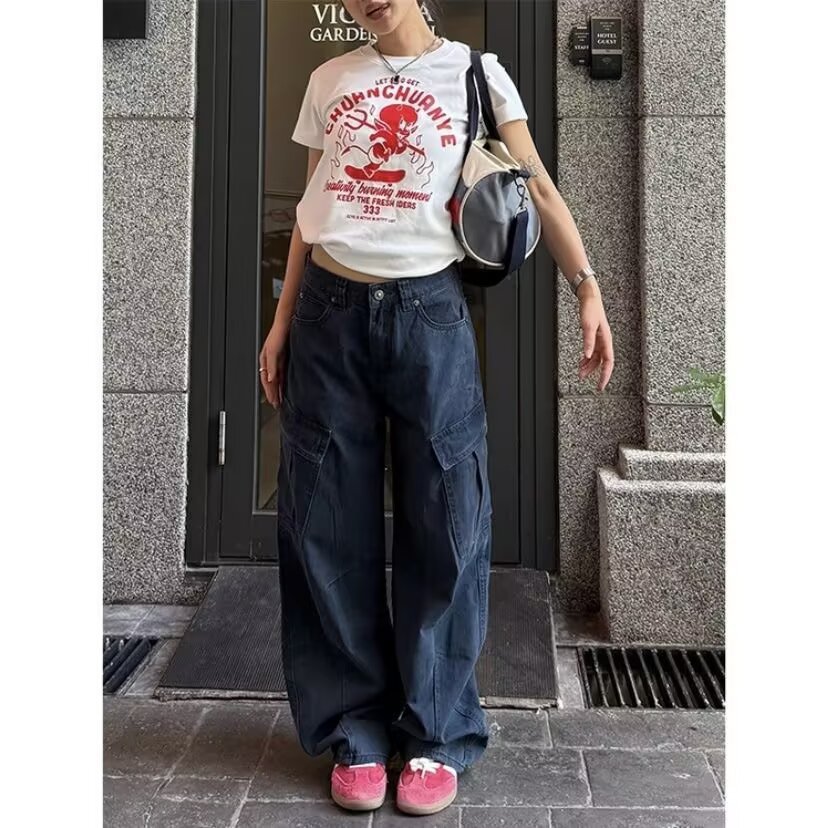 美式高街大口袋弯刀裤女工装裤设计感宽松褶皱嘻哈休闲水洗长裤潮