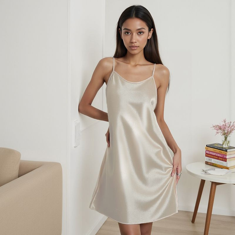 Satin Short-Sleeved Home Wear for Women, Summer Thin Style, Sexy Loose-Fitting Imitation Silk Camisole Dress, Cross-Border Satin Short-Sleeved Home Wear for Women, Summer Thin Style, Sexy Loose-Fitting Imitation Silk Camisole Dress, Cross-Border