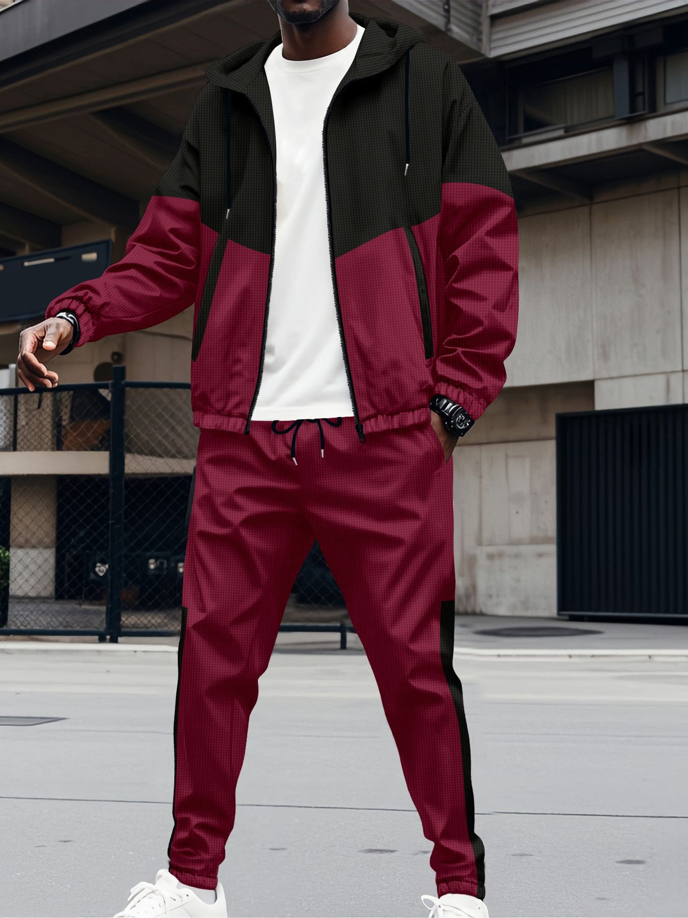 Herren-Trainingsjacke mit Kapuze, Reißverschluss, zwei Taschen, Patchwork-Design, Farbblock-Design, normale Passform, Kurzarm, elegant, aus Polyester_voghion.com