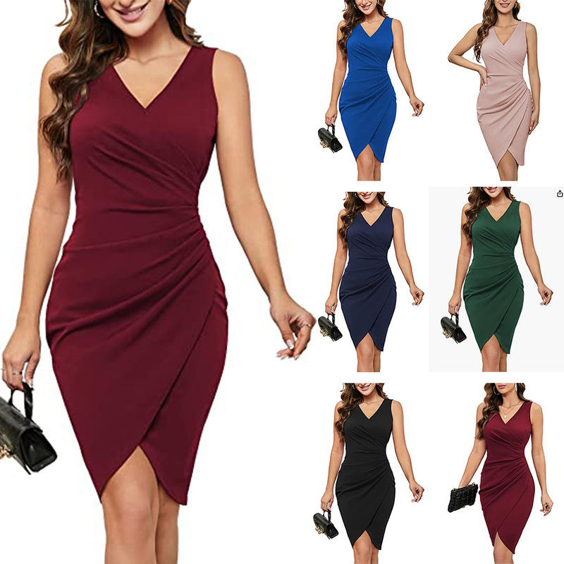 Amazon 2024 Women Sexy V-Neck Sleeveless Wrap Tight Cocktail Party Work Party dress Women