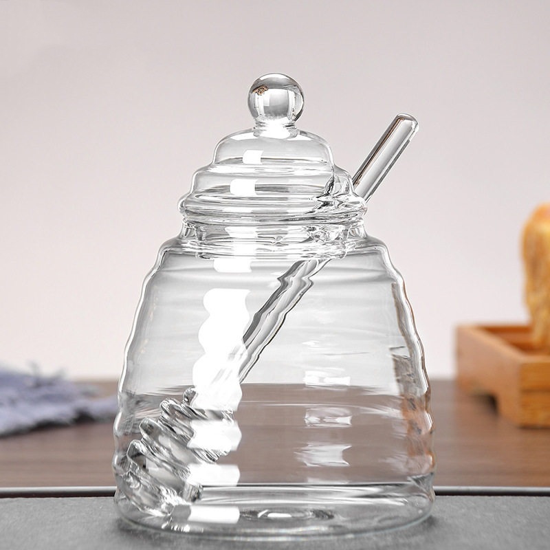 Taza de miel de vidrio, una variedad de estilos que contienen aluminio, textura de panal de vidrio, almacenamiento de jarabe de miel, latas de miel image 8