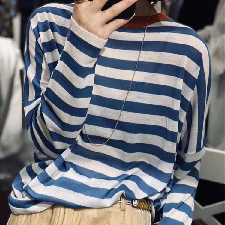 Wang Fei same style 100 pure cotton sweater women's blue and white striped sweater loose outer wear thin bottoming shirt top