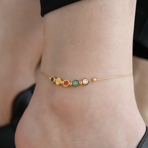 Colorful smiley face anklet for women  new trendy 18k gold high-end anklet summer sexy extended titanium steel does not fade