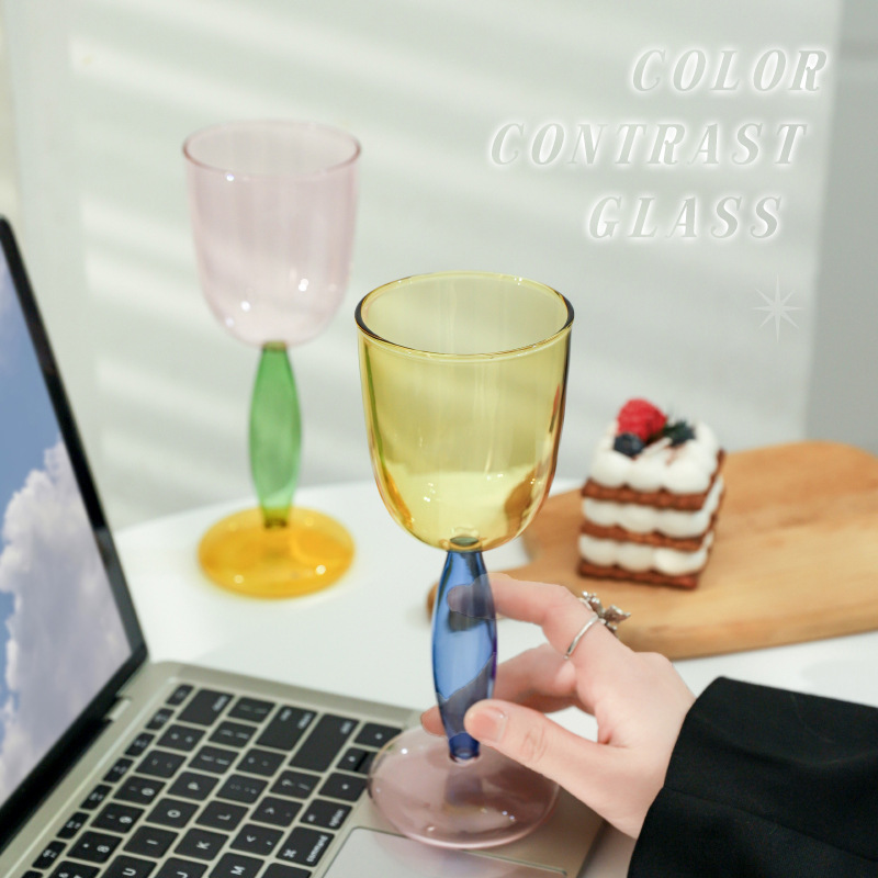 Red neta de alto valor, copa de vidrio de color de contraste de viento ins, costura para el hogar, copa de vino de vidrio de borosilicato esférico de color