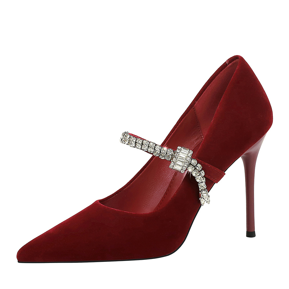 8837-1 Pointed Shallow Mouth Single Shoes Water Diamond One Word Velvet Commuter Shoes Banquet Shoes Thin Heels Women's Shoes