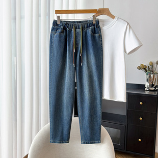 Big Daddy Pants Women's Plus Size chubby girl Slimming Hip Covering Straight Pants Autumn Drawstring High Waist Stretch Denim Pants