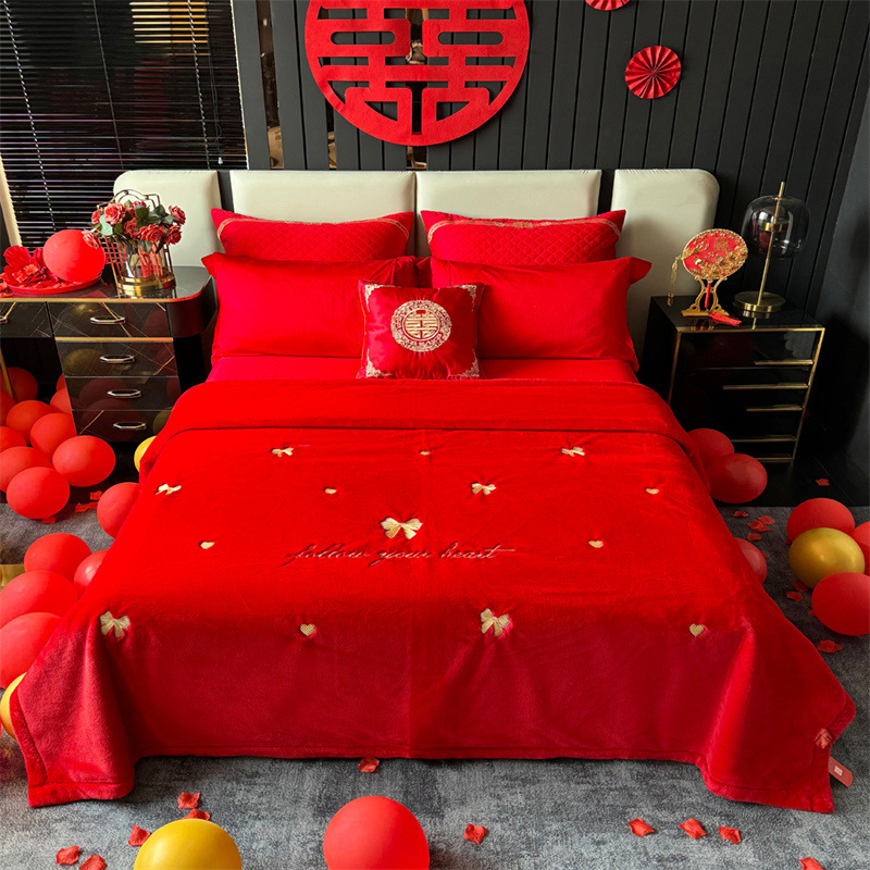 가을과 겨울 두꺼운 따뜻한 담요 웨딩 클라우드 담요 가짜 모피 토끼 벨벳 웨딩 담요 부티크 자수 축제 선물 담요