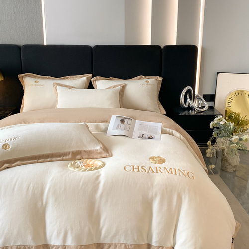Light Luxury Embroidered Milk Velvet Bedding Set Winter Thick Coral Velvet Fleece Comforter and Sheet Set