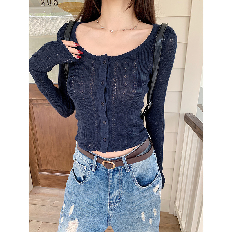 Mosesqueen Spicy Girl Short Hollow-Out Knit Cardigan for Women, Spring Outerwear, Tight-Fitting Base Top
