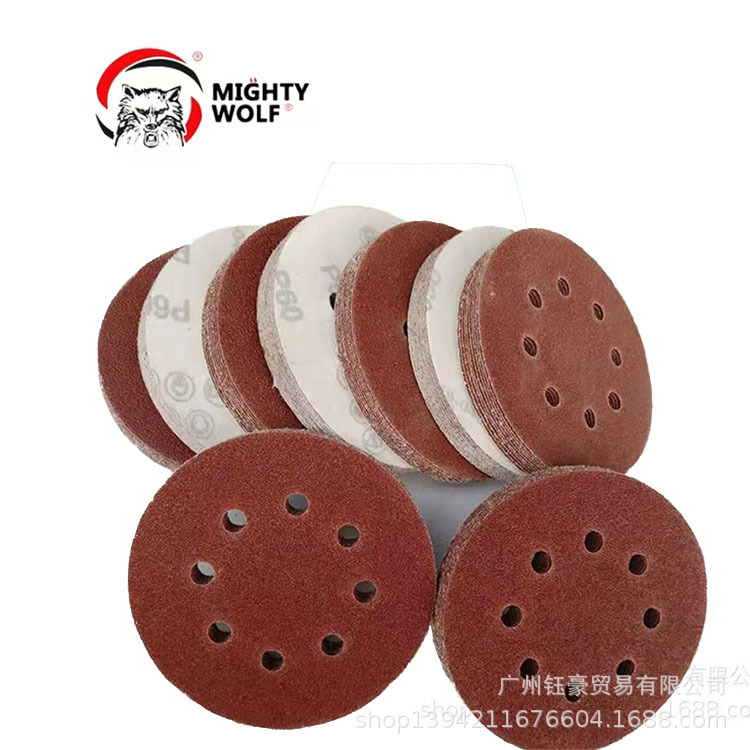 厂家批发5寸8孔植绒气磨机干磨自粘圆形红砂纸背绒抛木工打磨片