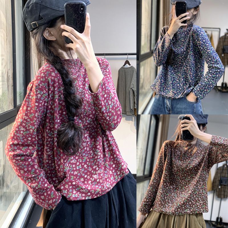 秋冬磨毛休闲森系套头碎花超弹力修身显瘦打底衫衬衫女