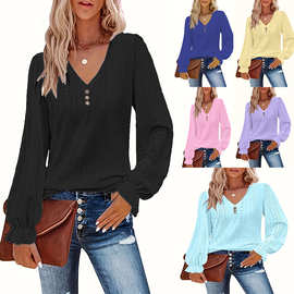 2025跨境女装现货欧美新款女式V领T恤春秋镂空休闲褶皱袖上衣独立