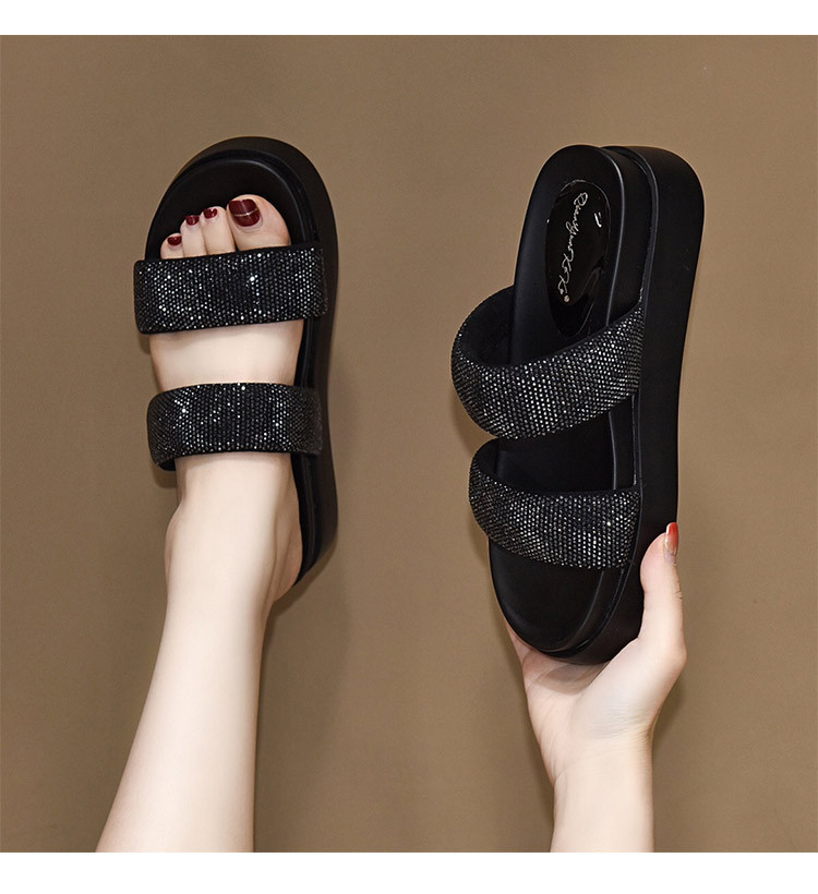 Dép sandal nữ quai ngang đế xuồng platform đính đá — Màu đen chi tiết 4