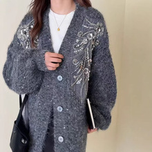 外贸热销款重工亮片钉珠设计感毛衣开衫宽松大码针织厚外套女