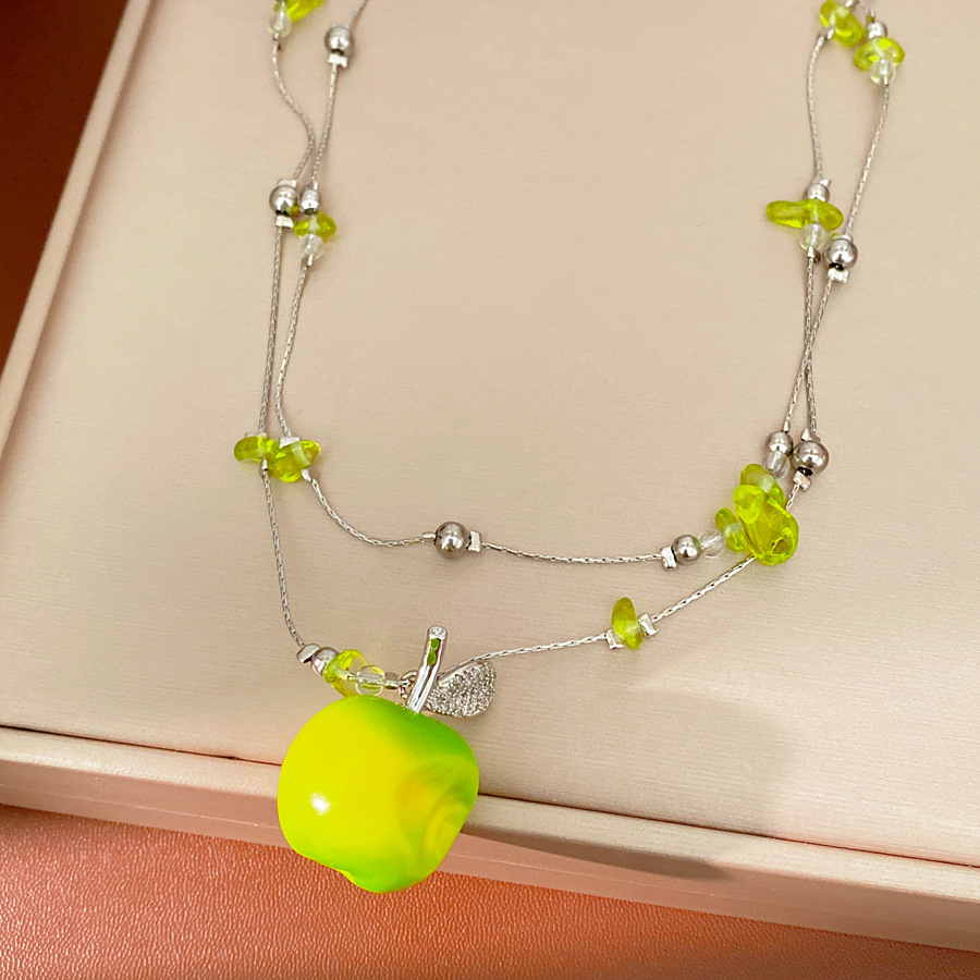 Collar de manzana de resina de zircón de doble cuentas lujoso nicho de alto nivel sensación de cadena clavícula fresca y dulce conjunto de joyería