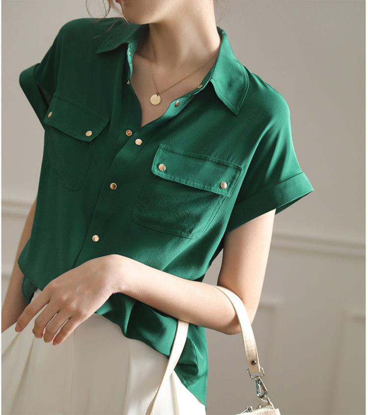 Áo sơ mi cổ polo nữ tay ngắn dáng rộng kiểu Pháp màu trắng — Màu trắng chi tiết 7