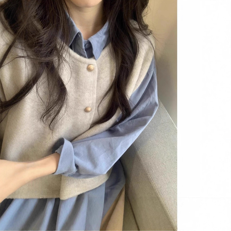 Korean Style Elegant Lapel Long-Sleeved Shirt Layered with Knitted Vest Two-Piece Set for Women Ins New Spring Outfit Korean Style Elegant Lapel Long-Sleeved Shirt Layered with Knitted Vest Two-Piece Set for Women Ins New Spring Outfit