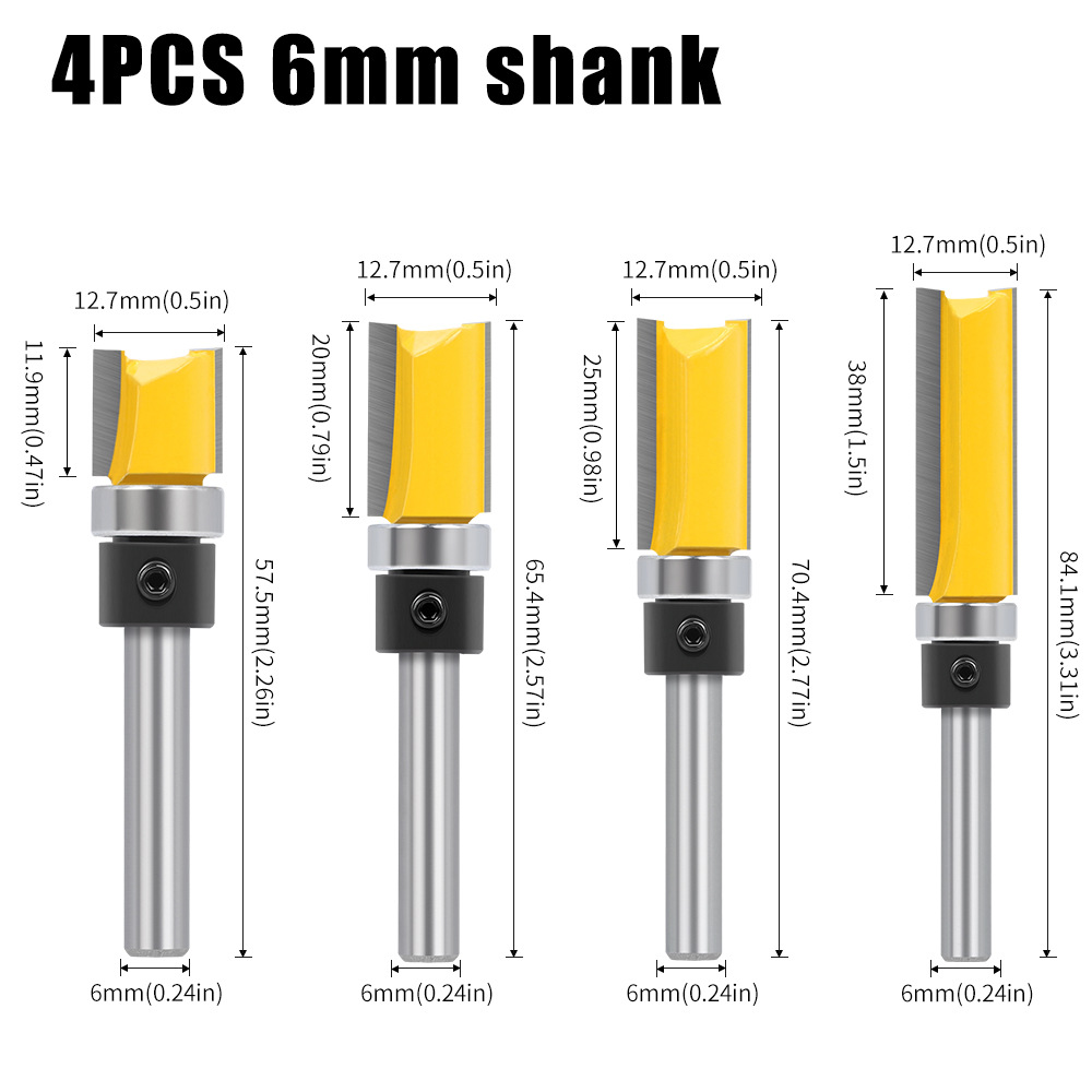 Cuchilla de corte de cojinete de imitación de mango 1/4, herramienta de fresado para carpintería, longitud de cuchillo recto de cojinete de doble filo