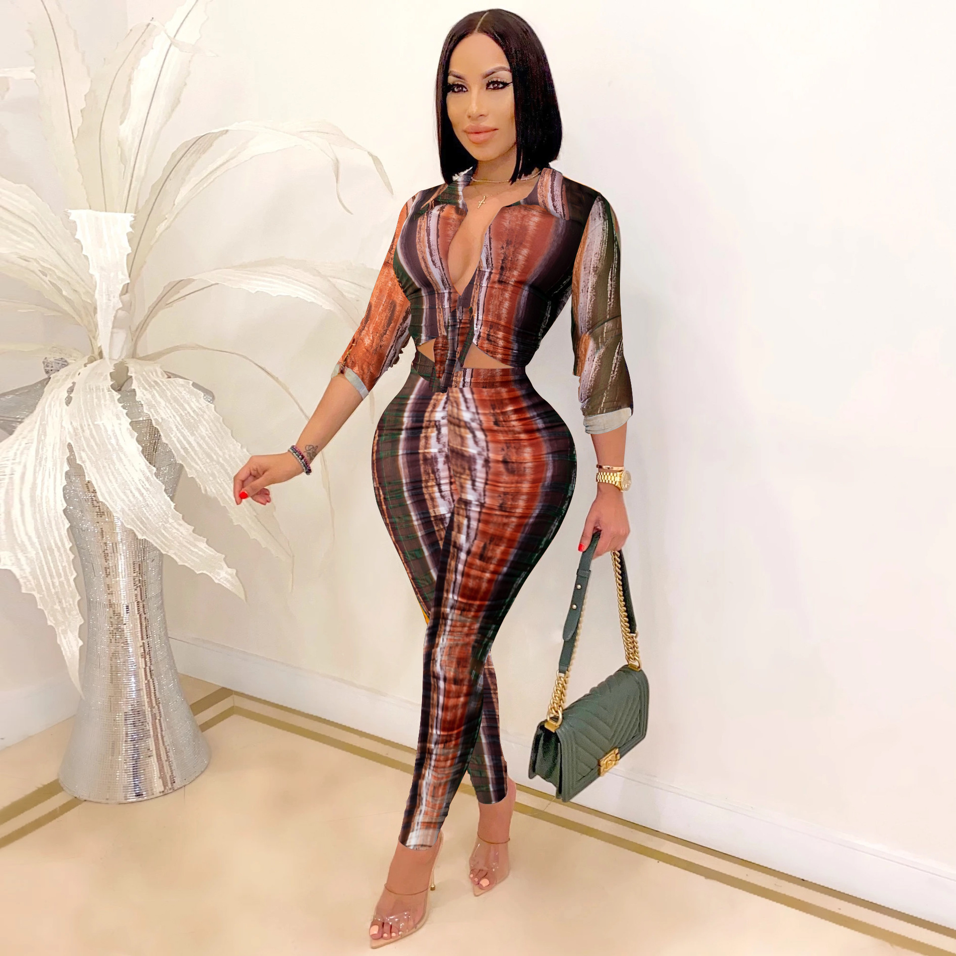 digital printing V-neck long-sleeved shirt trousers set nihaostyles clothing wholesale NSXYZ81564