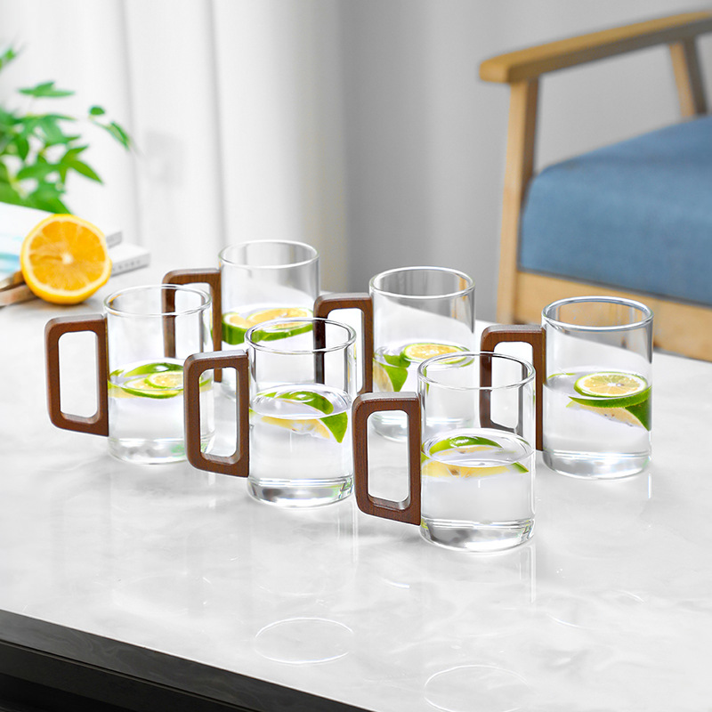 Taza de té de vidrio con mango de madera transfronterizo, resistente a altas temperaturas, juego de tazas para sala de estar, juego de tazas de agua para el hogar, hervidor de agua para hospitalidad.