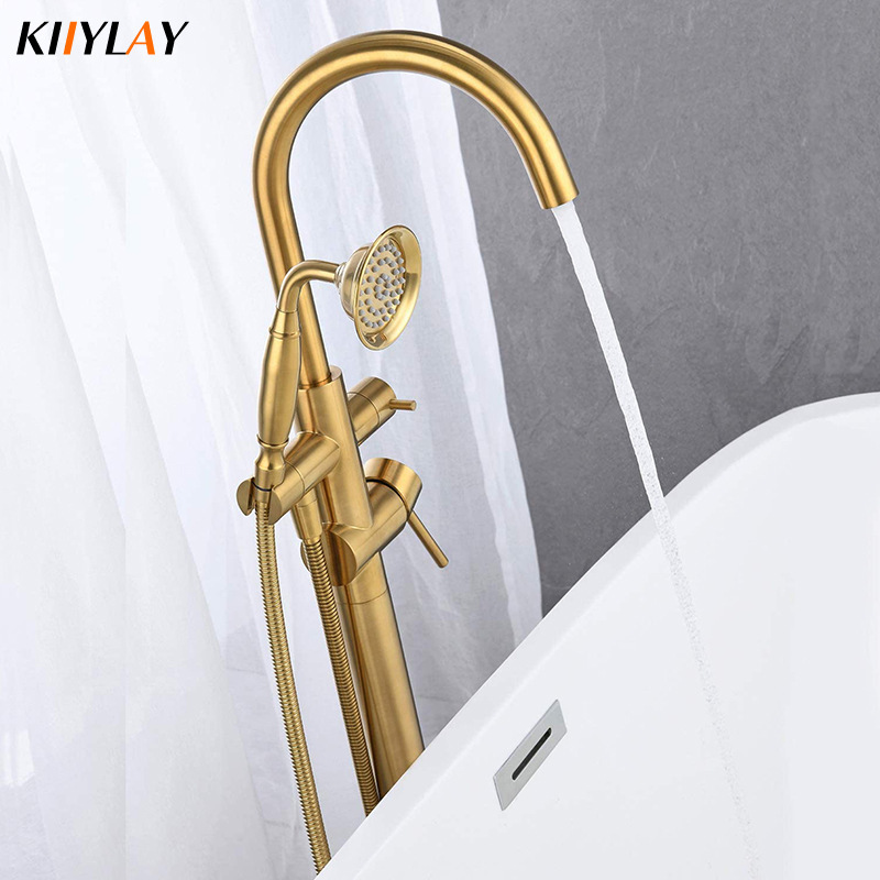 Cross-border retro floor bathtub shower hot and cold faucet mixing valve cylinder side independent high foot bathroom shower copper body