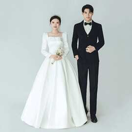 秋季缎面长袖轻婚纱2026新款新娘法式简约森系齐地出门纱白色礼服