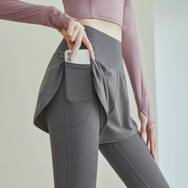 Штанги для йоги женские брюки с высокой талией и бедрами длинные брюки Весенние и осенние костюмы для йоги поддельные две штаны для фитнеса бег спортивный набор женский