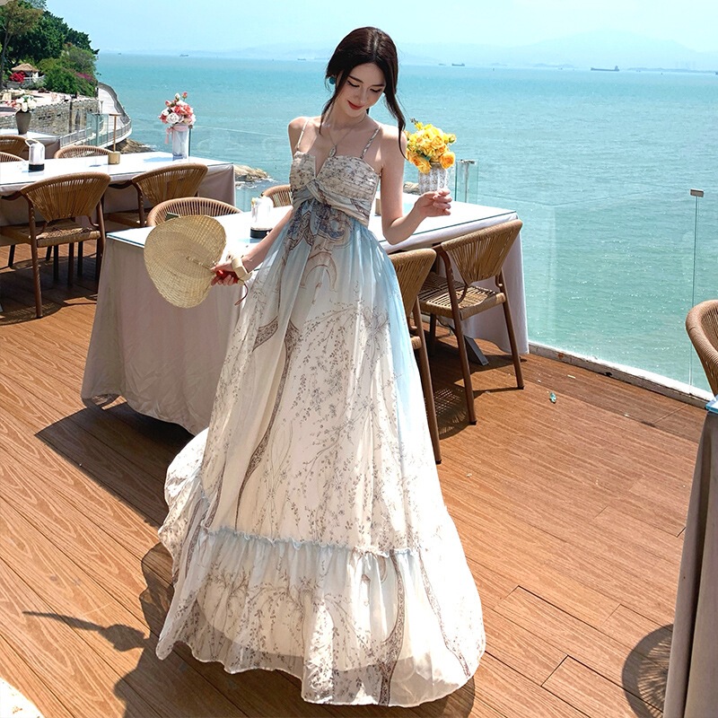 Spring and summer new style elegant loose-fitting slimming sleeveless printed long pleated strapless dress for women