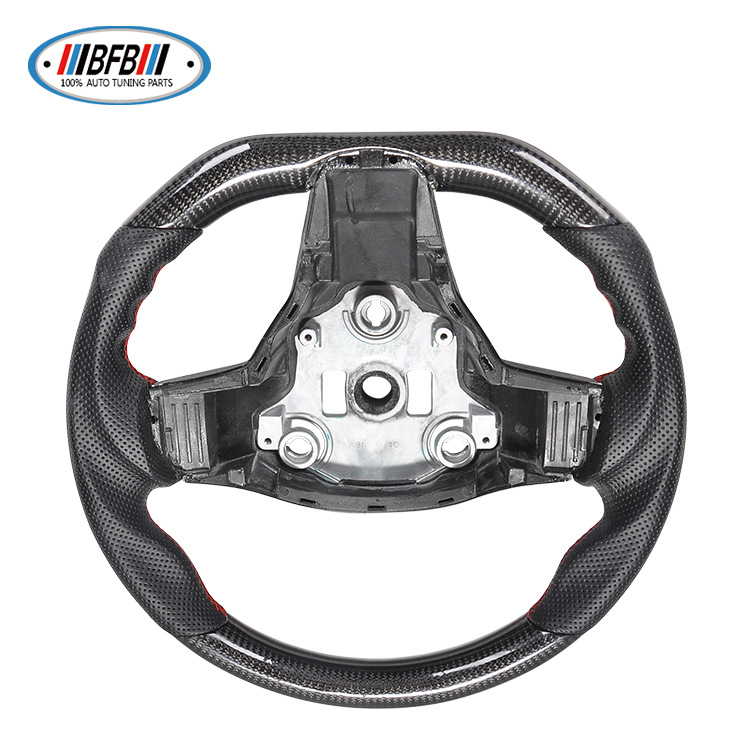 100% Real Carbon Fiber Forged Steering Wheel with Black Perforated Leather and Red Stitching - For Tesla Model Y - Modification