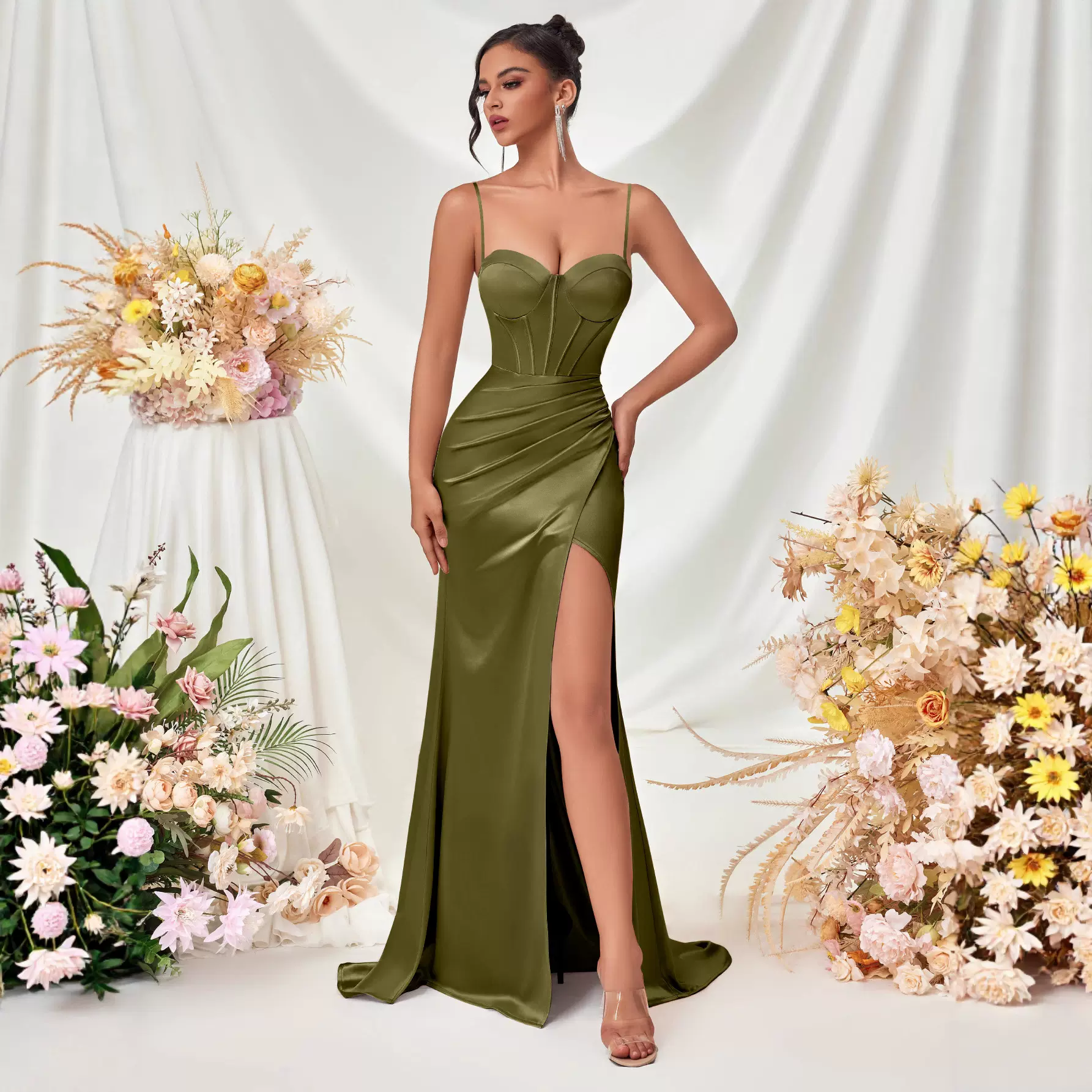 欧美跨境新款抹胸露肩性感开叉长款连衣裙吊带修身晚宴聚会晚礼服